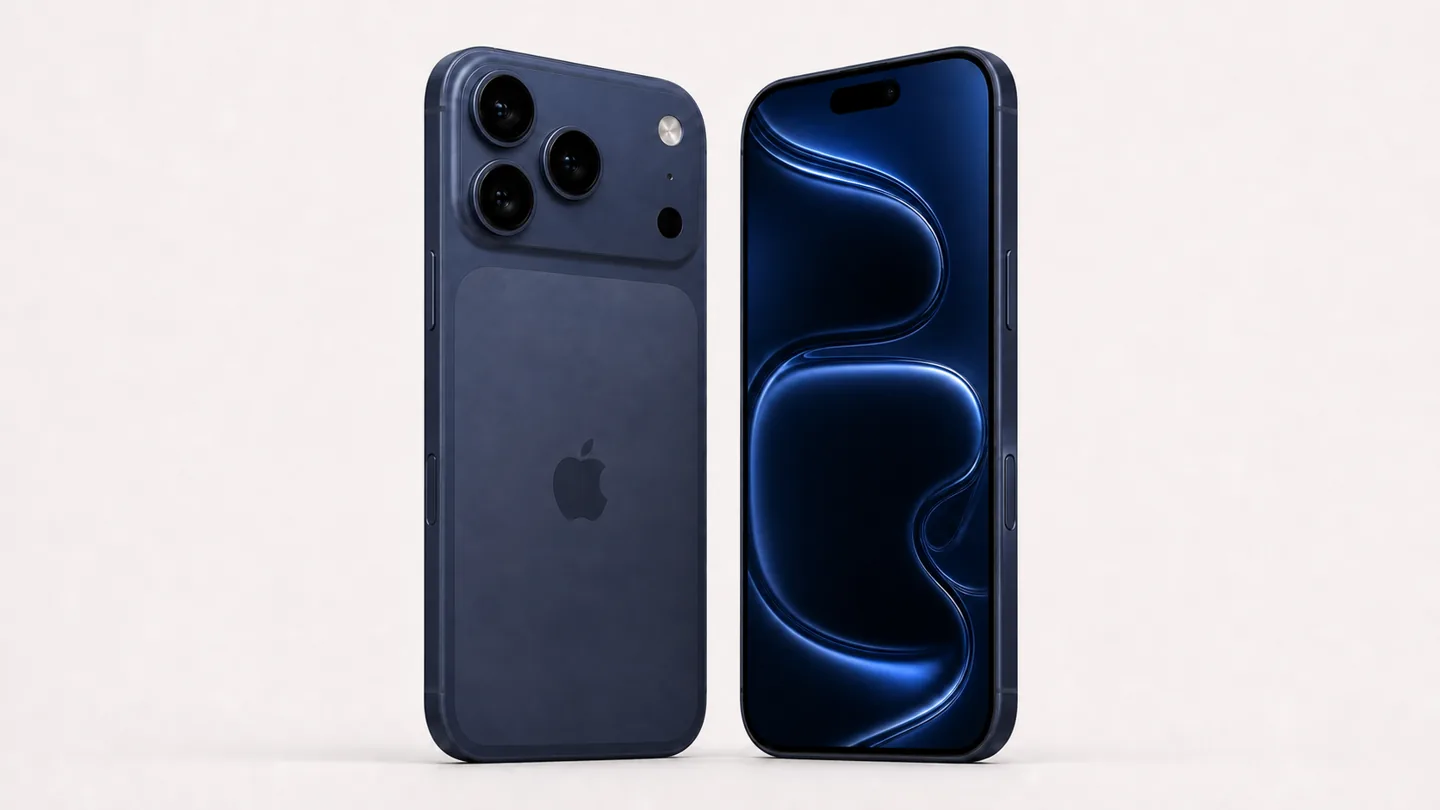 藏藍色 iPhone 17 Pro 正反面渲染